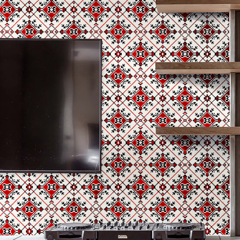 Red Moroccan Tiles Wallpaper Panels Peel and Paste Wall Covering for Living Room