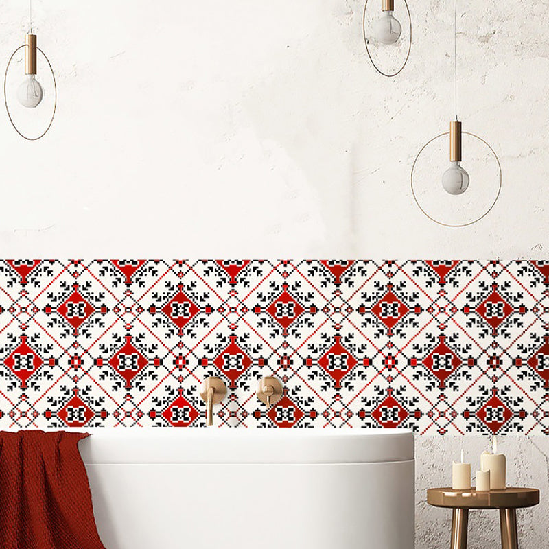 Red Moroccan Tiles Wallpaper Panels Peel and Paste Wall Covering for Living Room