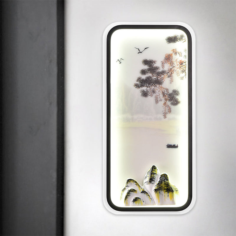 Chinese Mountain Landscape Mural Light Acrylic Parlor Rectangle LED Wall Sconce in White/Warm Light