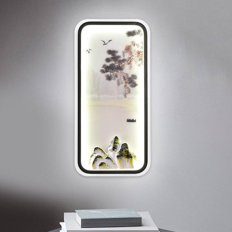 Chinese Mountain Landscape Mural Light Acrylic Parlor Rectangle LED Wall Sconce in White/Warm Light
