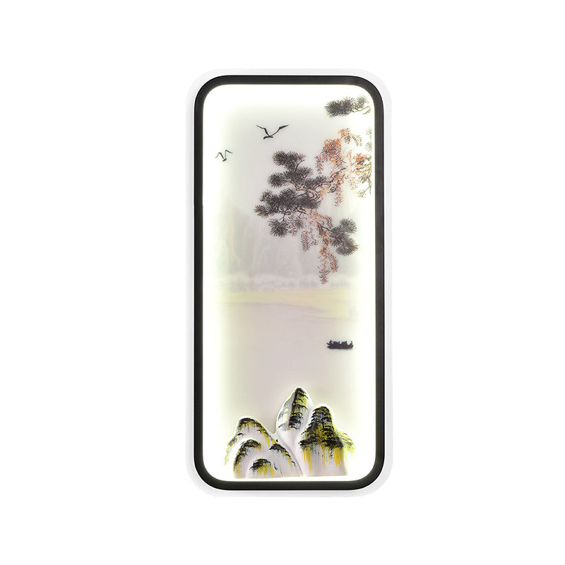 Chinese Mountain Landscape Mural Light Acrylic Parlor Rectangle LED Wall Sconce in White/Warm Light