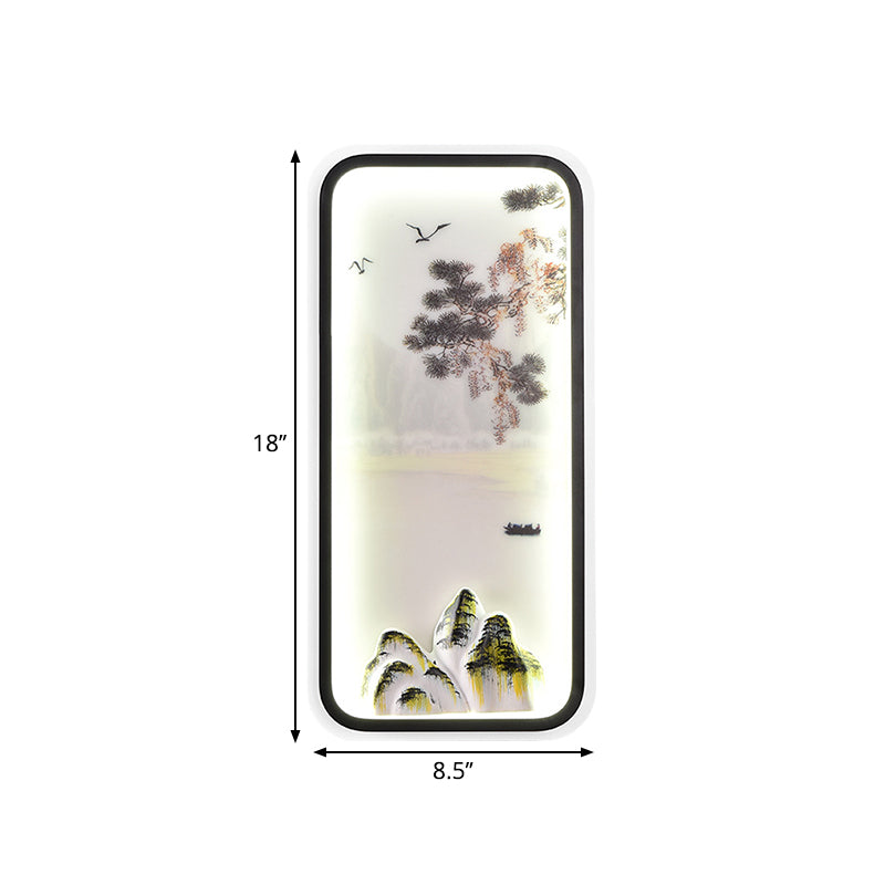 Chinese Mountain Landscape Mural Light Acrylic Parlor Rectangle LED Wall Sconce in White/Warm Light