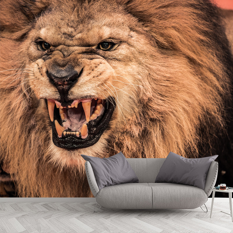 Photography Lion Roaring Mural Wallpaper for Bedroom, Brown, Personalized Size Available