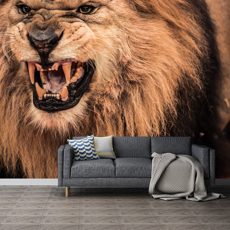 Photography Lion Roaring Mural Wallpaper for Bedroom, Brown, Personalized Size Available