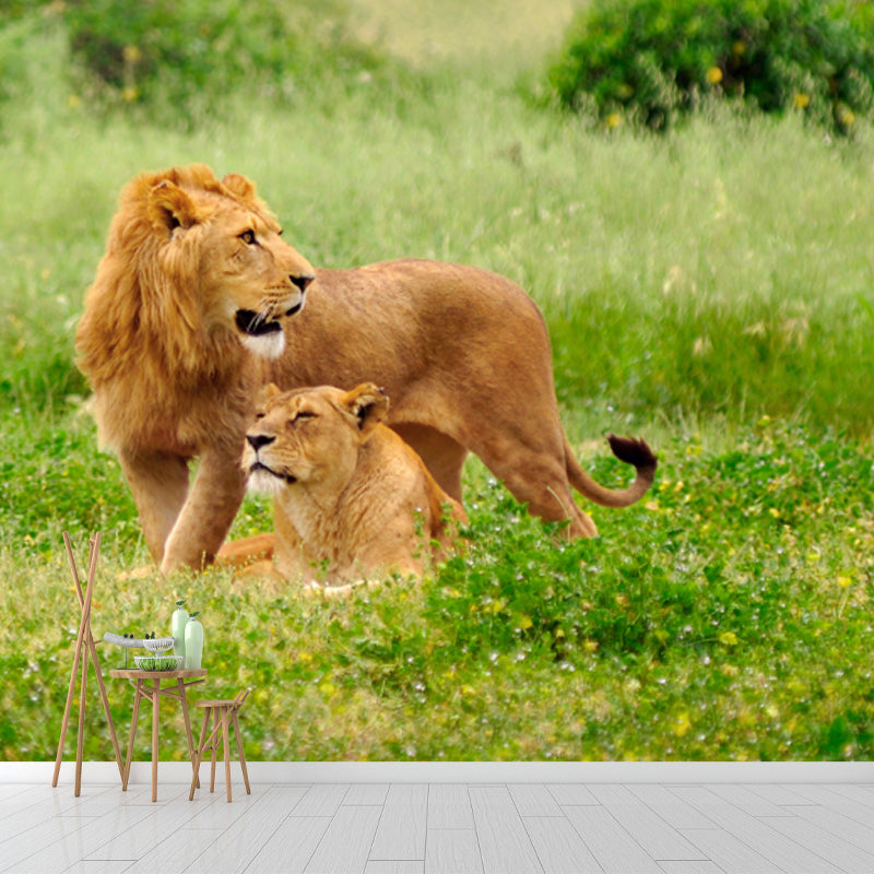 Modern Lion Couple Mural Green Scenery Wall Covering for Home, Custom Size Available