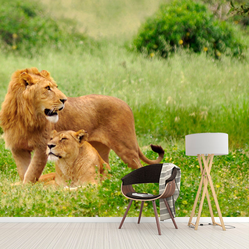 Modern Lion Couple Mural Green Scenery Wall Covering for Home, Custom Size Available