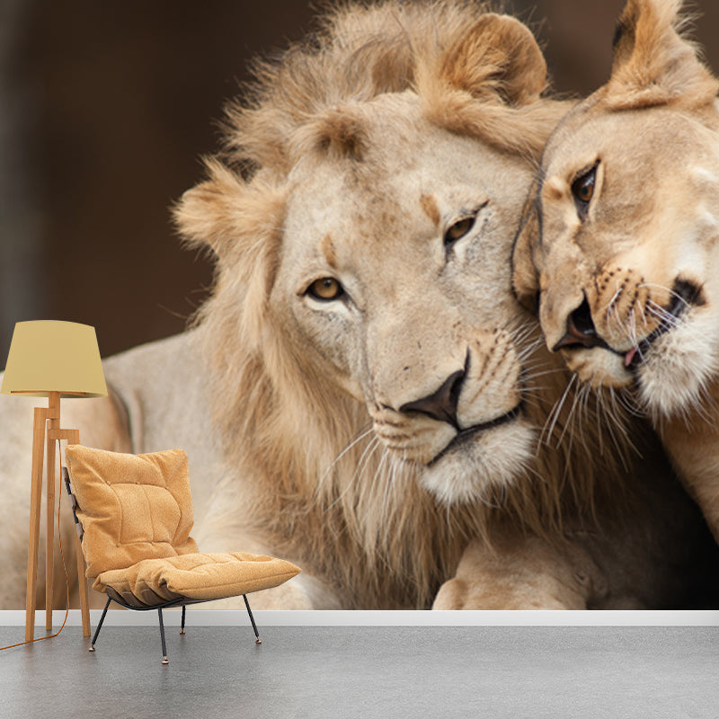Brown Lover Lion Wallpaper Mural Waterproofing Wall Art for Living Room, Made to Measure