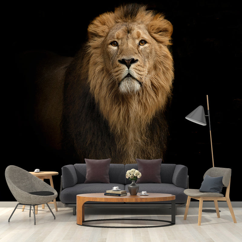 Cool Lion in Darkness Mural Wallpaper for Living Room, Brown, Custom Size Available