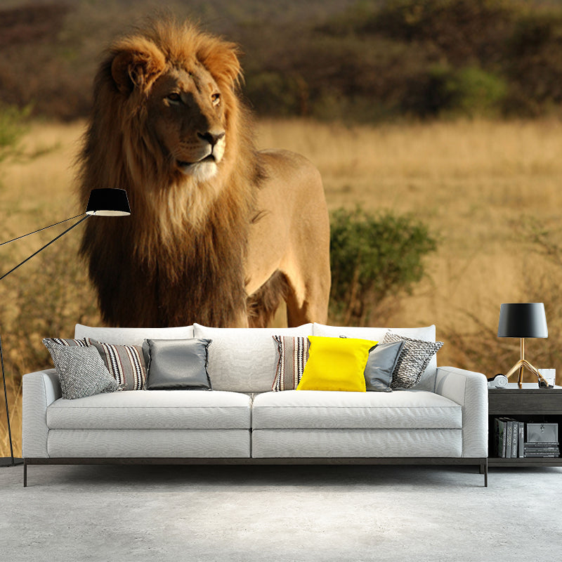 African Savannas Lion Mural Decal Brown Contemporary Wall Covering for Accent Wall