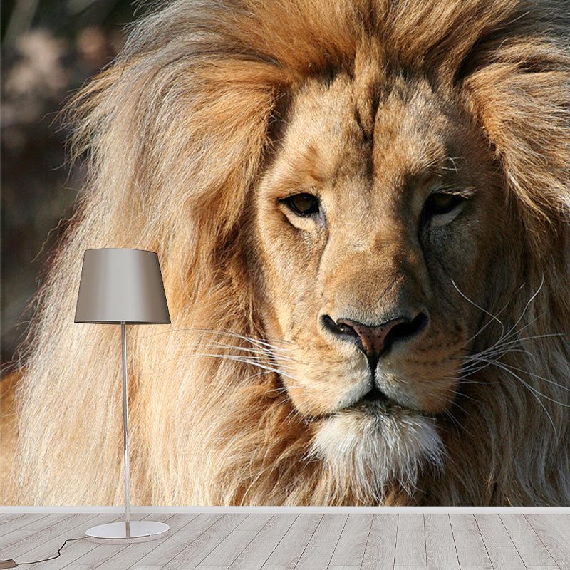 Modern Boys Wall Mural Decal with Lion Head Pattern Brown Wall Art for Living Room