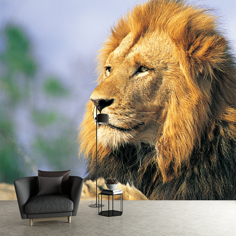 Brown Lion Looking Afar Mural Water Resistant Modern Bedroom Wall Covering, Made to Measure