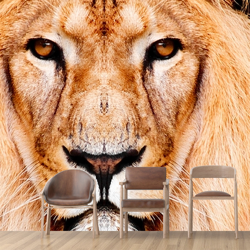 Close-Up of Lion Face Mural Decal Brown Modernist Wall Decoration for Boys Bedroom