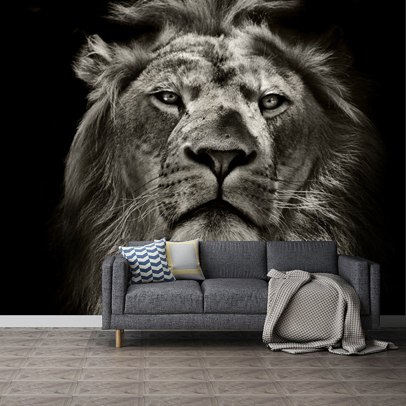 Full-Size Lion Face Mural Decal in Black Non-Woven Material Wall Covering, Washable, Custom Size