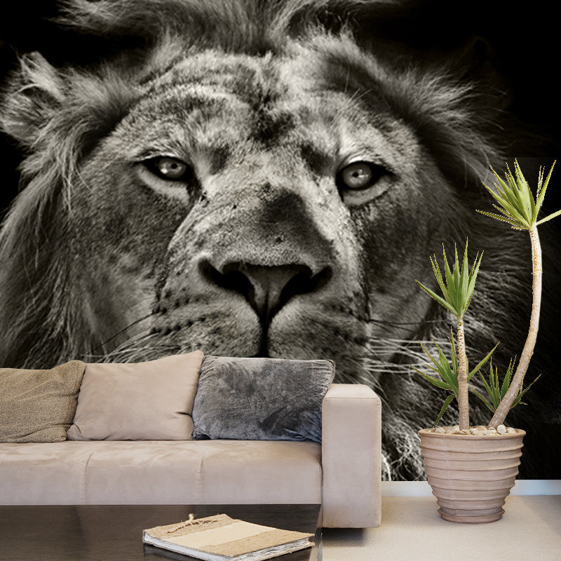 Full-Size Lion Face Mural Decal in Black Non-Woven Material Wall Covering, Washable, Custom Size