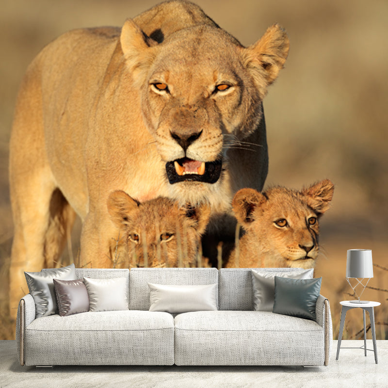 Lion with Its Kids Mural in Brown Modern Style Wall Decor for Living Room, Size Optional