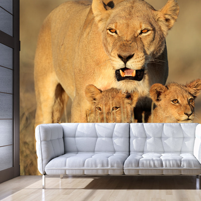 Lion with Its Kids Mural in Brown Modern Style Wall Decor for Living Room, Size Optional