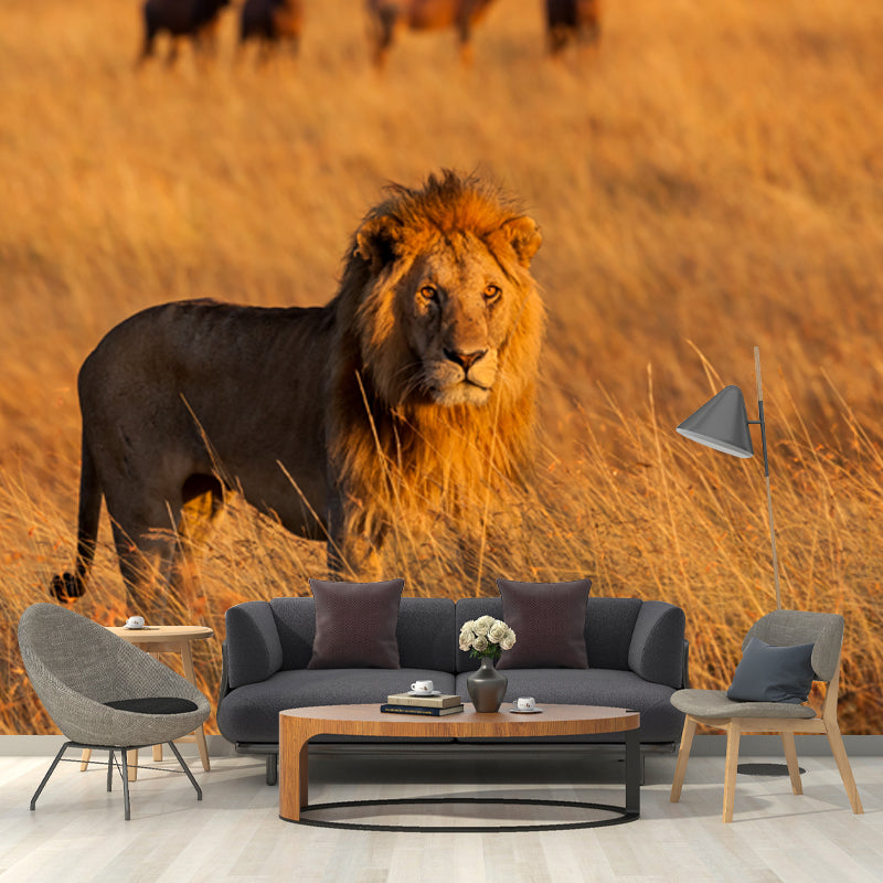 Large Wild Animal Mural for Home Savanna Lion with Its Prey Wall Art in Brown, Waterproof
