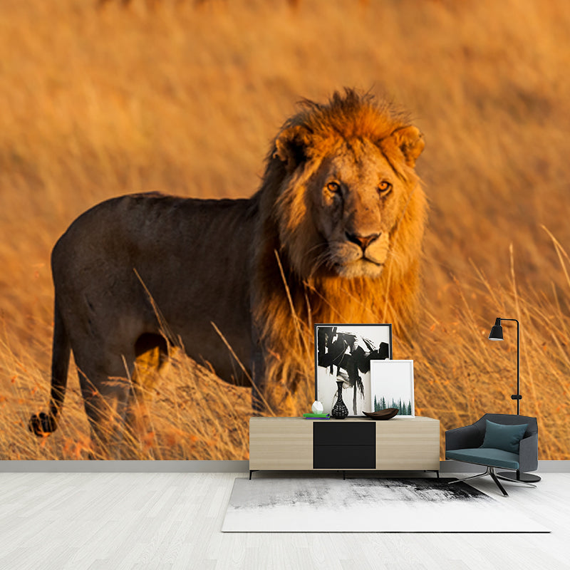 Large Wild Animal Mural for Home Savanna Lion with Its Prey Wall Art in Brown, Waterproof