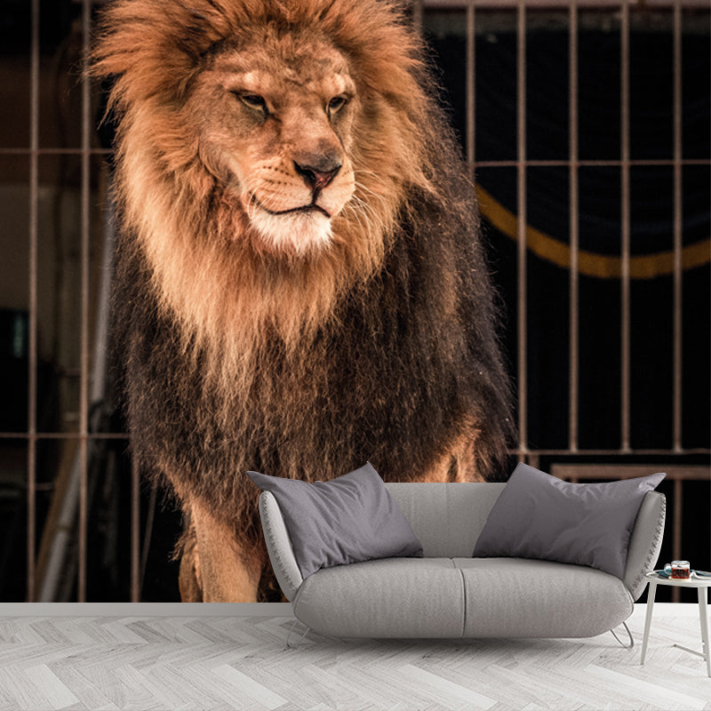 Brown Caged Lion Wall Mural Stain-Proof Modern Living Room Wall Covering, Custom Size