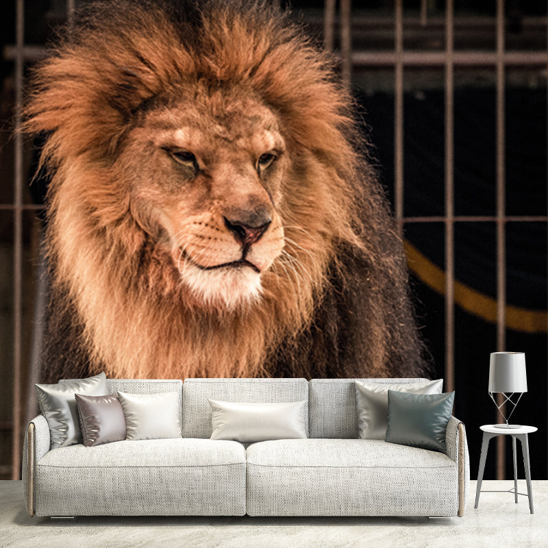 Brown Caged Lion Wall Mural Stain-Proof Modern Living Room Wall Covering, Custom Size
