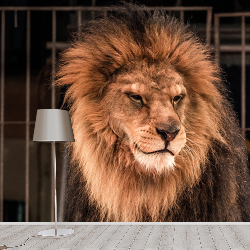 Brown Caged Lion Wall Mural Stain-Proof Modern Living Room Wall Covering, Custom Size