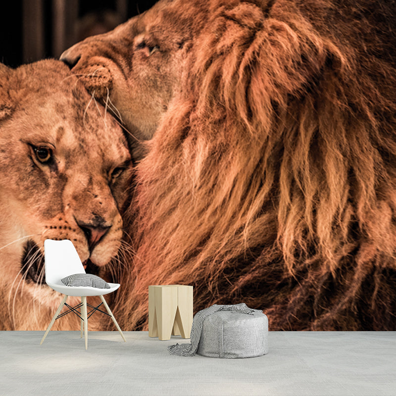 Contemporary Lions in Cage Mural Brown Stain Resistant Wall Decor for Living Room