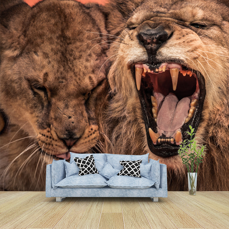 Waterproof Furious Lion Roaring Mural Modern Non-Woven Fabric Wall Covering, Custom Made