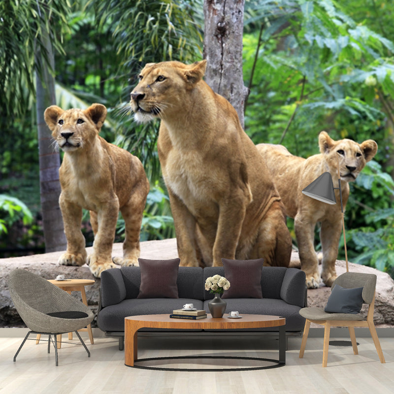 Green Tropical Wall Mural Decal Whole Lions in the Jungle Wall Art for Living Room