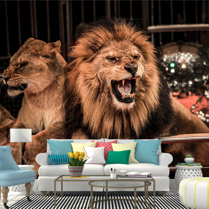 Modern Circus Lions Roaring Mural Brown Living Room Wall Decoration, Made to Measure