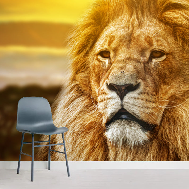 Lion with Sunset View Mural Contemporary Non-Woven Material Wall Covering in Brown