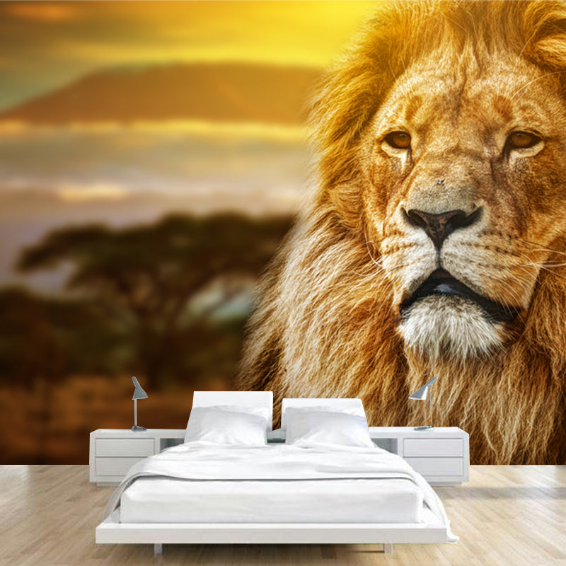 Lion with Sunset View Mural Contemporary Non-Woven Material Wall Covering in Brown