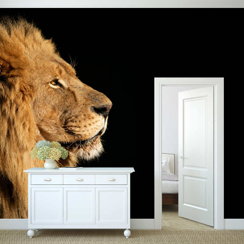 Brown Lion Side-Face Mural Wallpaper Water Resistant Wall Decor for Bedroom, Optional Size