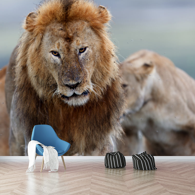 Non-Woven Big Brown Mural Modern Lion Wall Covering for Living Room, Custom Size