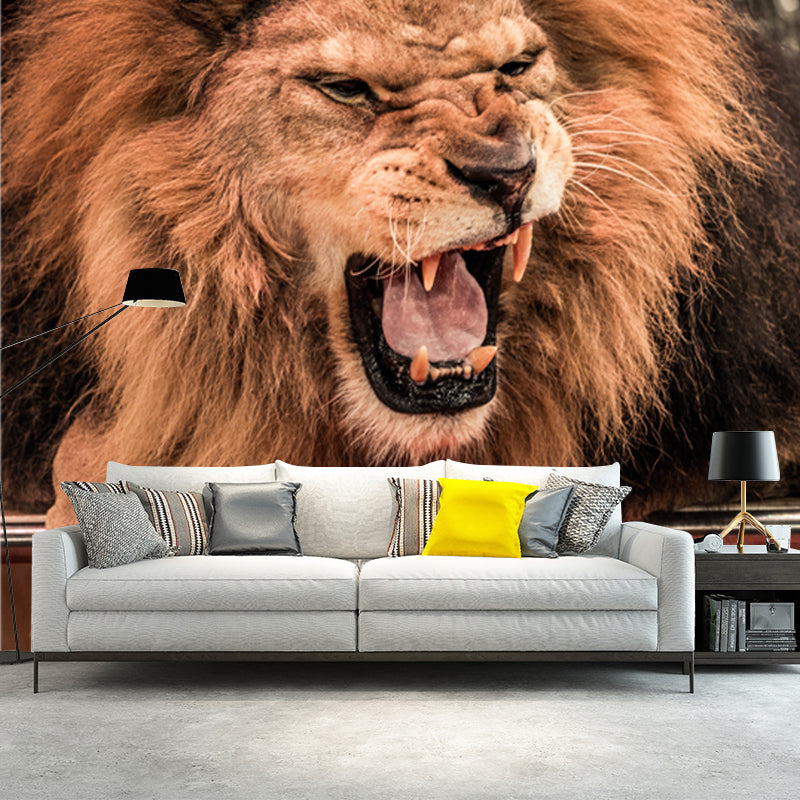 Stain Resistant Roaring Lion Mural Modern Non-Woven Wall Art in Brown, Custom Print