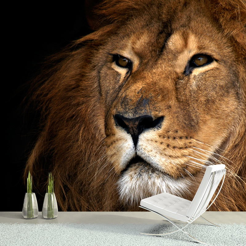 Big Closeup African Lion Mural Moisture Resistant Modern Bedroom Wall Art in Brown