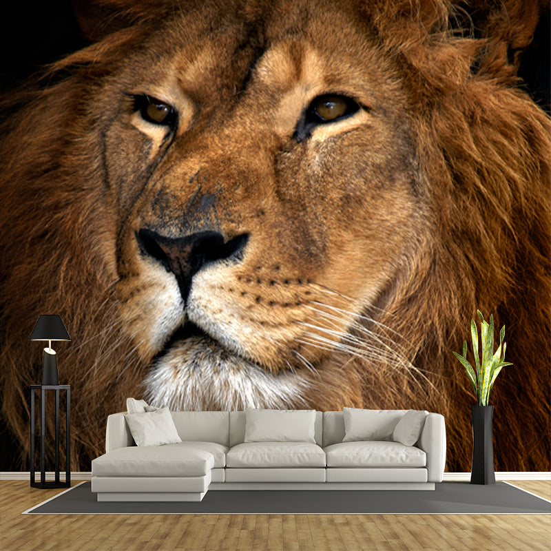 Big Closeup African Lion Mural Moisture Resistant Modern Bedroom Wall Art in Brown