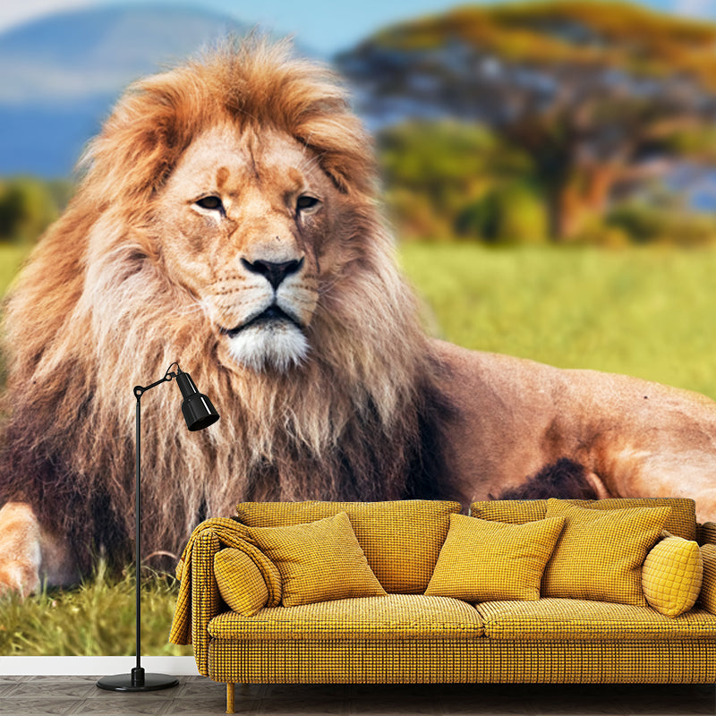 Modern Lion Wall Mural Decal Brown-Green African Savannas Wall Art for Living Room