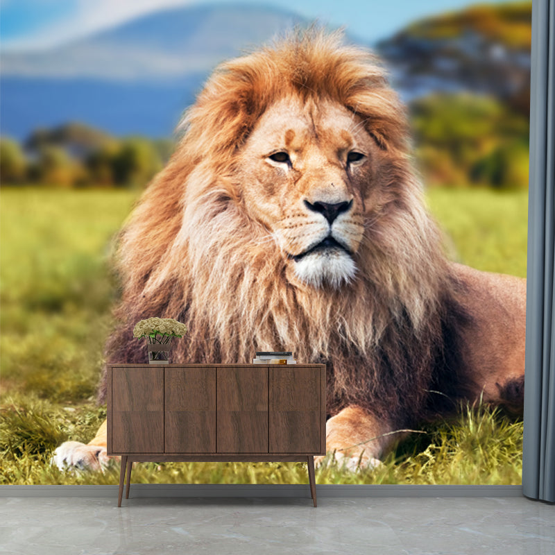 Modern Lion Wall Mural Decal Brown-Green African Savannas Wall Art for Living Room