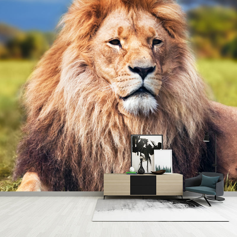 Modern Lion Wall Mural Decal Brown-Green African Savannas Wall Art for Living Room