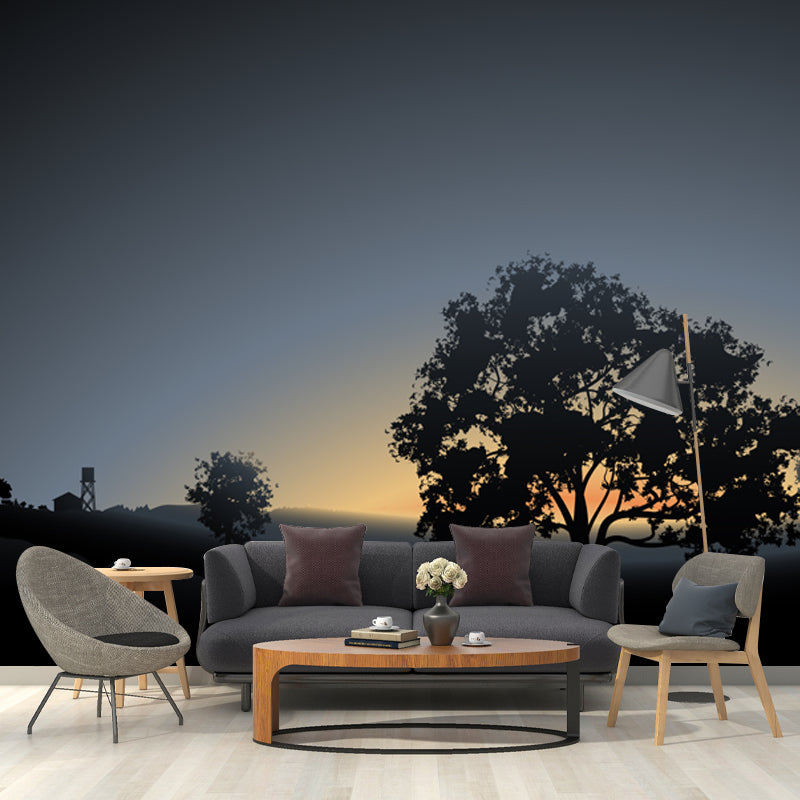 Dark Grey Dawn Scenery Mural Moisture Resistant Contemporary Living Room Wall Art