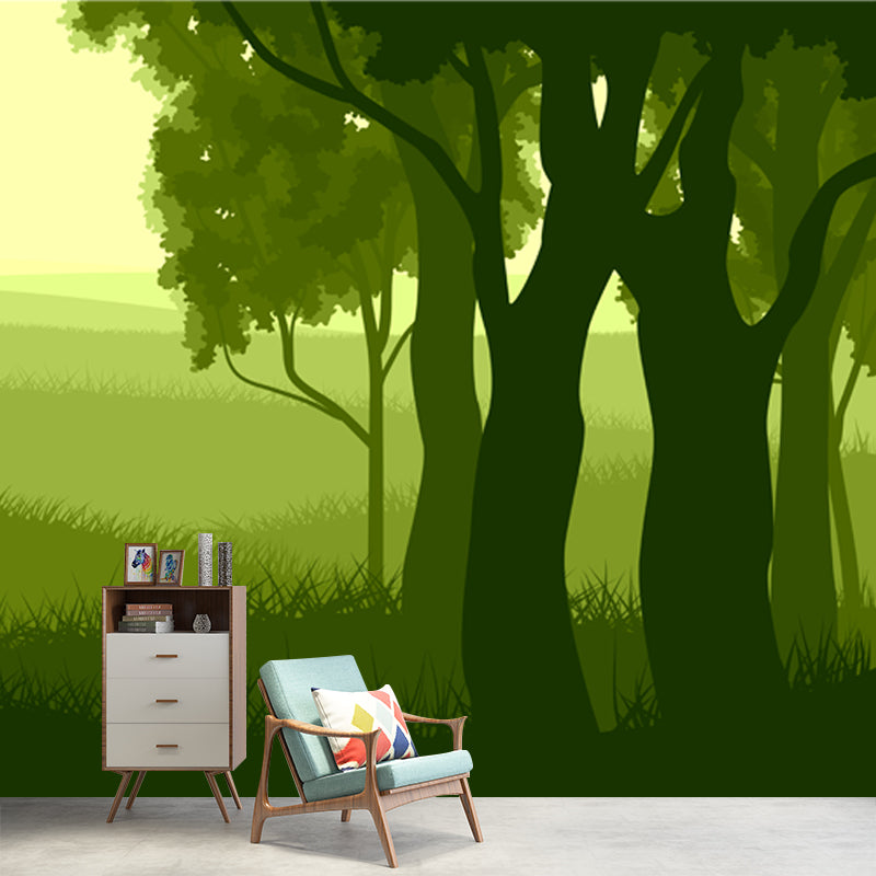 Modern Meadow and Forest Mural for Bedroom Custom Size Wall Art in Green, Non-Woven