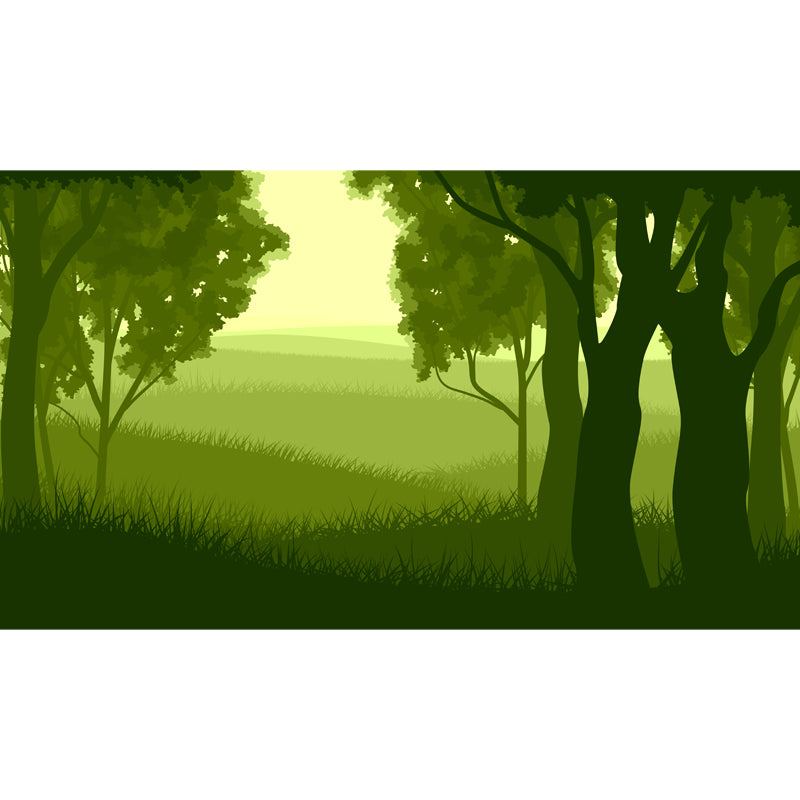 Modern Meadow and Forest Mural for Bedroom Custom Size Wall Art in Green, Non-Woven