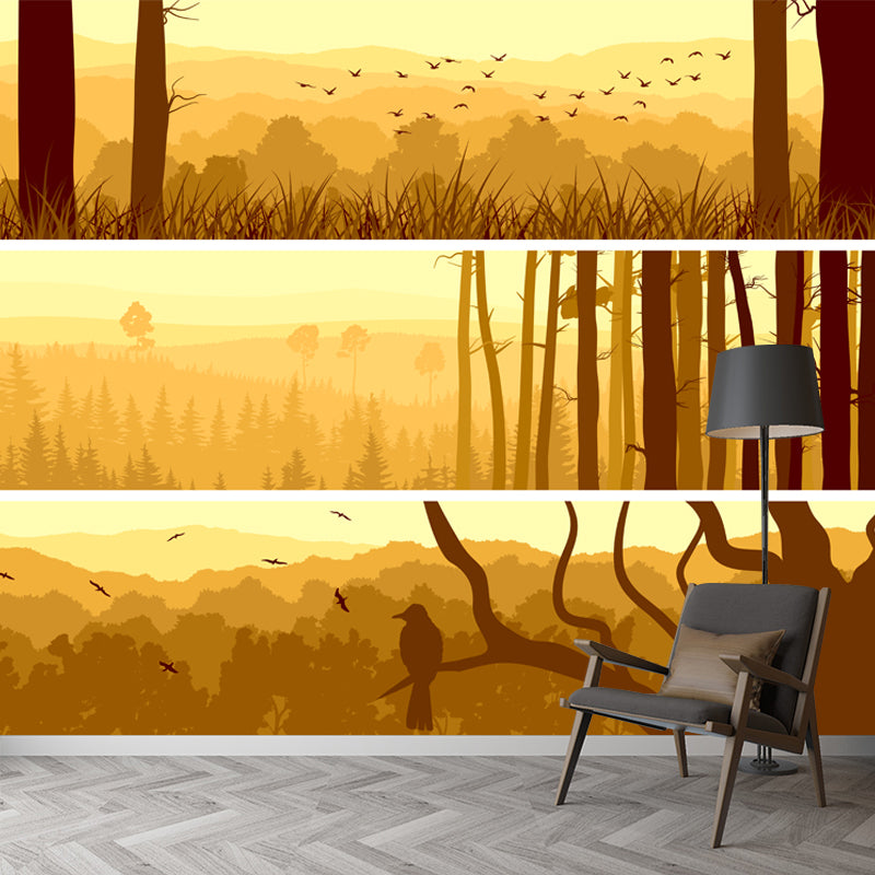 Smooth Big Yellow Mural Decal Modern Style Sunset Forest Wall Decoration, Custom Printed