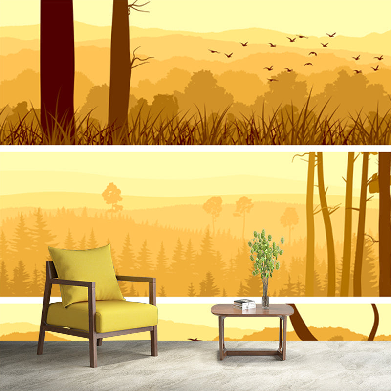 Smooth Big Yellow Mural Decal Modern Style Sunset Forest Wall Decoration, Custom Printed