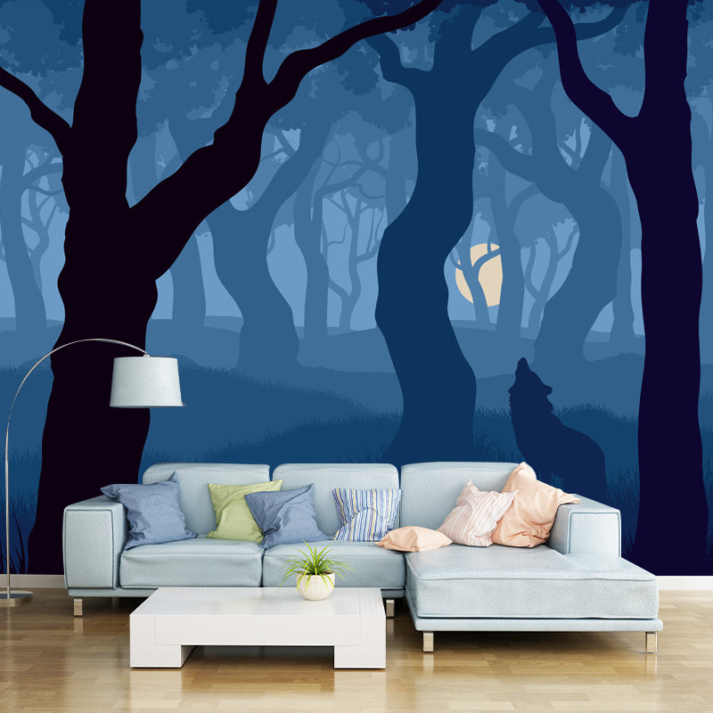 Blue Modern Mural Wallpaper Large Wolf Howling in Night Foggy Forest Wall Decor for Home