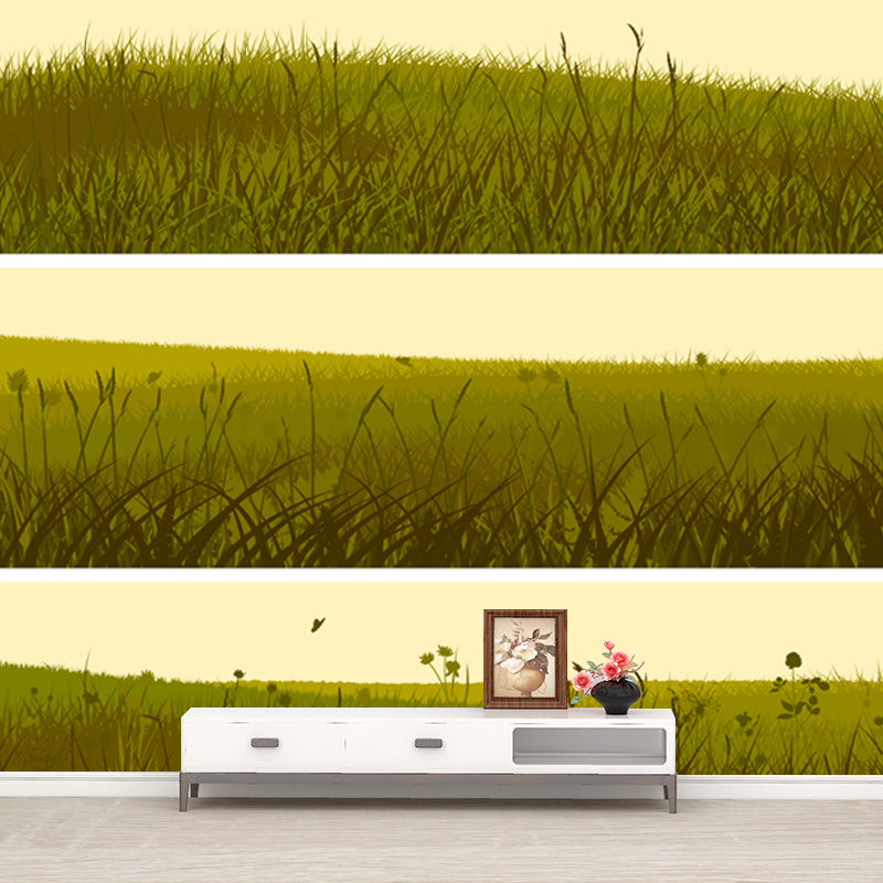 Illustration Grassland Mural Decal for Living Room, Green, Custom Size Available