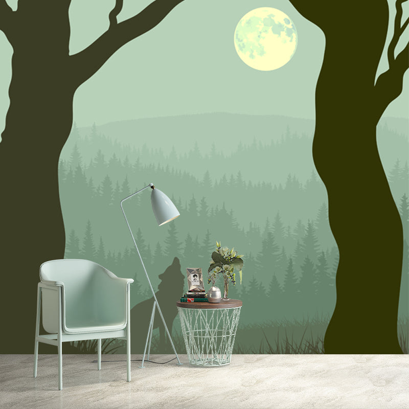 Large Moon Night Mural Wallpaper Turquoise Non-Woven Wall Art, Waterproof, Custom Made