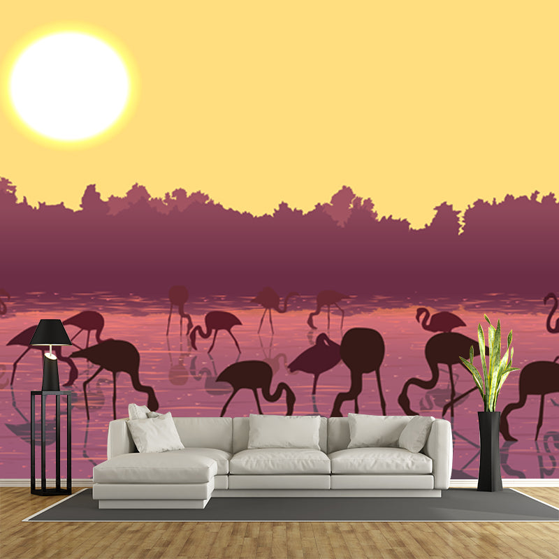 Yellow Modernist Mural Huge Flamingo Feeding under Super Moon Wall Covering for Home