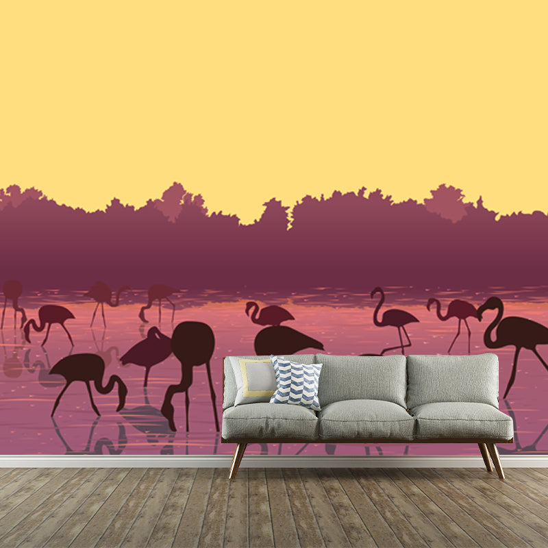 Yellow Modernist Mural Huge Flamingo Feeding under Super Moon Wall Covering for Home
