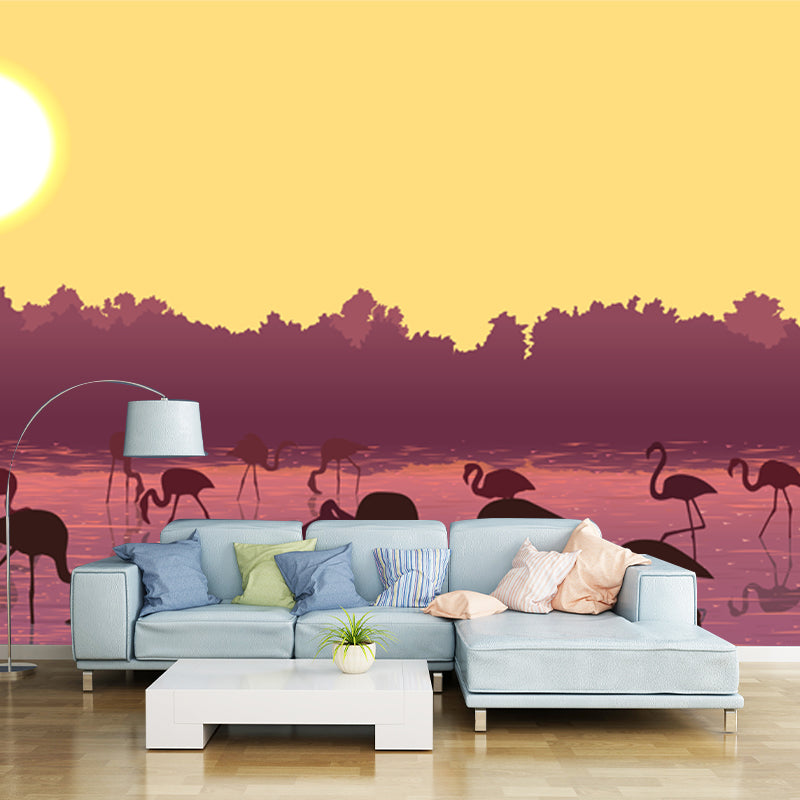Yellow Modernist Mural Huge Flamingo Feeding under Super Moon Wall Covering for Home